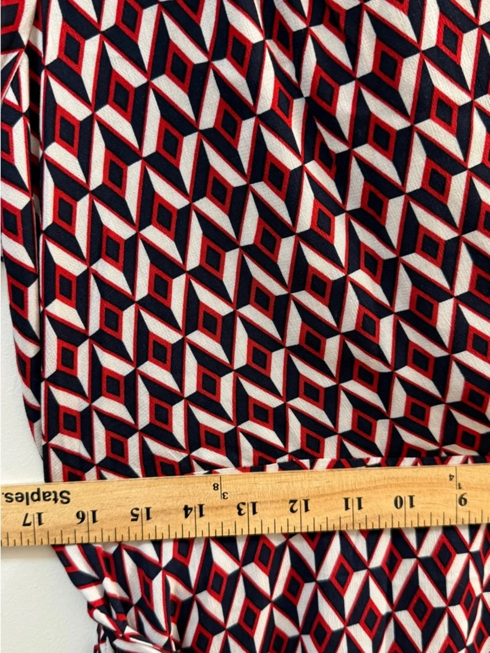 Banana Republic NWT Faux Wrap Midi Dress Size 12 Geometric Red Navy White Lined - Picture 12 of 14